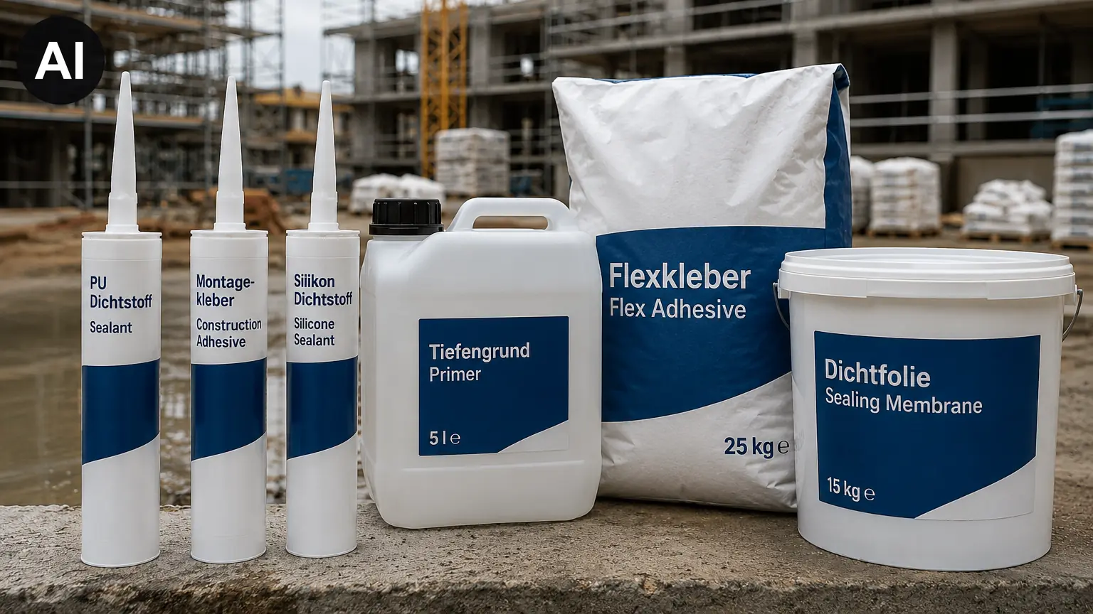 Typische Verpackungen der Bauchemie auf einer Baustelle: Kartuschen, Kanister, Sack und Eimer (KI-generiertes Symbolbild)