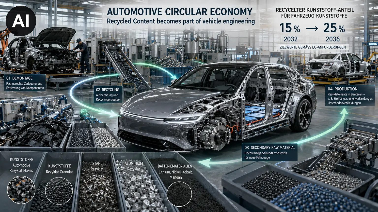 Materialkreislauf im Fahrzeugbau: Demontage, Recycling, Sekundärrohstoffe und Rezyklateinsatz in neuen Fahrzeugen – mit den Zielwerten 15 % (2032) und 25 % (2036) für recycelten Kunststoff (KI-generiertes Symbolbild)