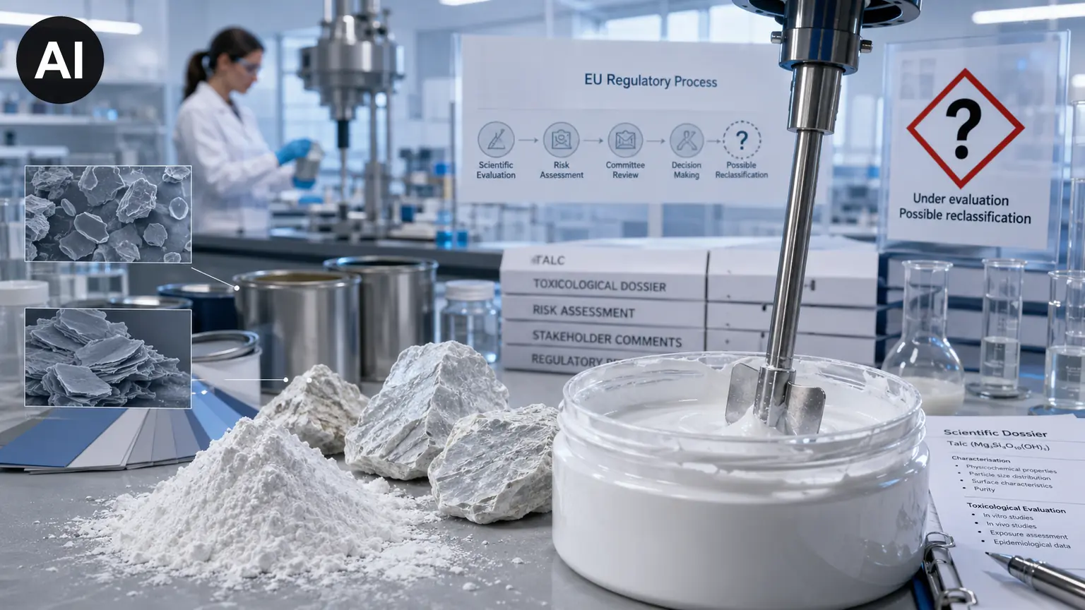 Talkpulver und Talkgestein neben einer weißen Lackpaste im Labor, dahinter Unterlagen zum EU-Einstufungsverfahren (KI-generiertes Symbolbild)